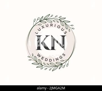 KN Initials letter Wedding monogram logos template, hand drawn modern minimalistic and floral templates for Invitation cards, Save the Date, elegant Stock Vector
