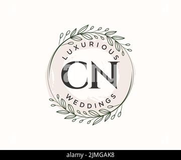 CN Initials letter Wedding monogram logos template, hand drawn modern minimalistic and floral templates for Invitation cards, Save the Date, elegant Stock Vector