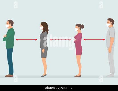 People stand queue. Full length of cartoon sick people in medical masks standing in line against at a safe distance. flat vector Stock Photo