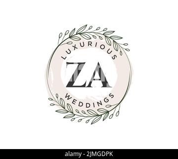 ZA Initials letter Wedding monogram logos template, hand drawn modern minimalistic and floral templates for Invitation cards, Save the Date, elegant Stock Vector