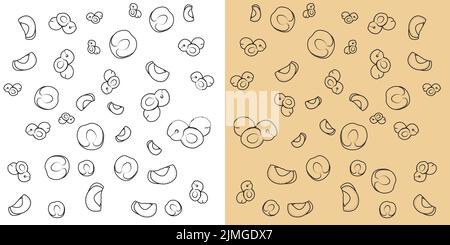 Whole and pieces of apple apricot.pattern of apricot with leaves in two different backgrounds.Apricot fruits in Line art. Stock Vector