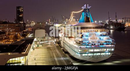 Hamburg Cruise Center Altona with the cruise ship Artania at night, Hamburg, Germany, Europe Stock Photo
