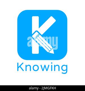 An education themed letter K logo in a blue square with rounded corners with a pencil icon inside Stock Vector