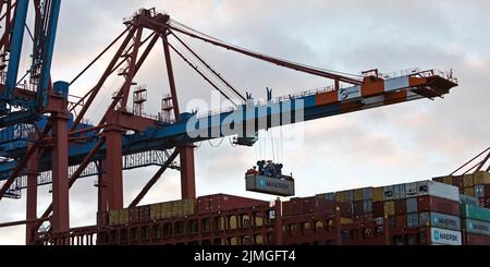 Container being loaded onto a container ship at the Eurogate container terminal, Hamburg, Germany Stock Photo