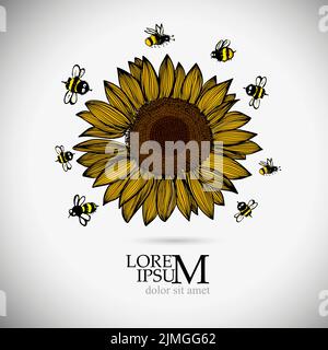 Vector Sunflower isolated with bees. Hand drawn flat Sunflower illustration. Summer flower clipart. Wildflower poster Stock Vector