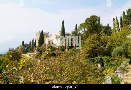 gorgeous mediterranean castle or villa of the BORGHESE CAVAZZA  FAMILY on Isola del Garda or Isola di Garda (Italy) Stock Photo