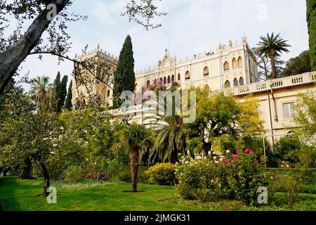 A gorgeous palace of the Borghese Cavazza family on the island Isola del Garda on lake Garda, Italy (06 October 2019) Stock Photo