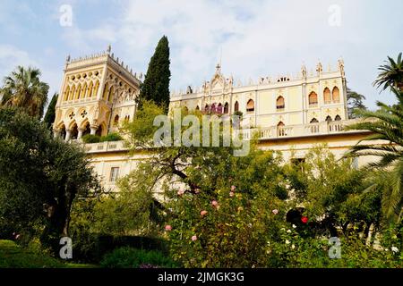 A gorgeous palace of the Borghese Cavazza family on the island Isola del Garda on lake Garda, Italy (06 October 2019) Stock Photo