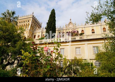 A gorgeous palace of the Borghese Cavazza family on the island Isola del Garda on lake Garda, Italy (06 October 2019) Stock Photo