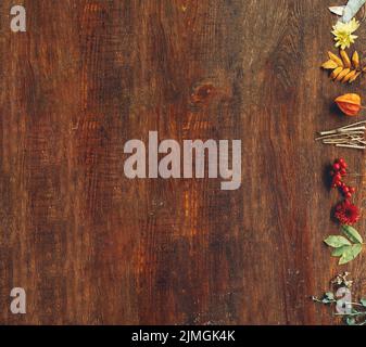autumn floral collection wooden background Stock Photo