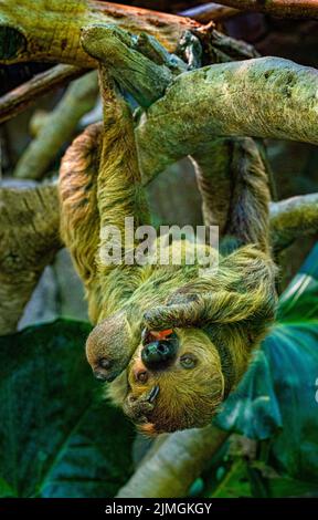 Two-toed Sloth. Mother and cub hanging from a branch. The mother treats herself to a meal. Stock Photo