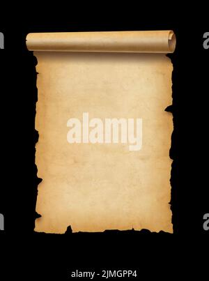 Old mediaeval paper sheet. Parchment scroll isolated on black Stock Photo