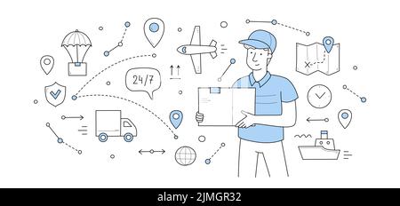 Delivery service doodle concept. Mailman with parcel in hands and shipping icons around. Express transportation, logistics by airplane, ship, truck co Stock Vector