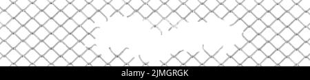 Broken wire fence, rabitz or chain link. Vector background of ripped metal mesh, steel grid or net with hole and wire cuts in center, damaged safety b Stock Vector