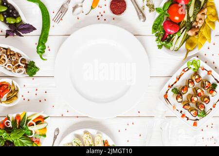 food top view white plate buffet cater restaurant Stock Photo