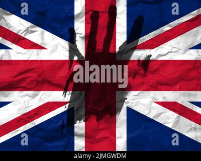 War in United Kingdom, concept of protest against the war, Stop the war and save lives, flag of United Kingdom and the symbol of the hand to stop the Stock Photo
