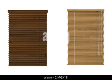 Window wooden rolling shutters, brown venetian blinds isolated on white background. Vector realistic set of wood jalousie curtains, louver shades for Stock Vector