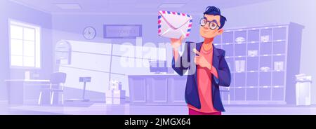 Man show envelope in post office interior with reception desk and parcels lying on shelves. Mail delivery, postage service, postman employee with lett Stock Vector
