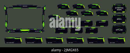 Game live video stream interface elements in futuristic style. Vector cartoon overlay panels and frames with green neon light. Online streaming banner Stock Vector