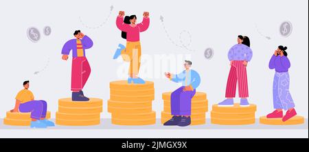 Salary difference concept, people stand on low and high golden coin stacks. Male and female characters of different class and income rate, society hie Stock Vector