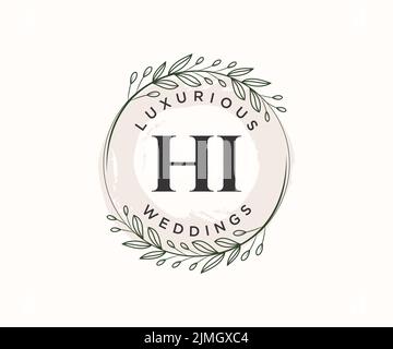 HI Initials letter Wedding monogram logos template, hand drawn modern minimalistic and floral templates for Invitation cards, Save the Date, elegant Stock Vector