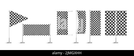 Racing flags, vinyl banners, black and white checkered signboards or billboards on metal poles used in motor sport. Ensigns of rectangular and triangu Stock Vector