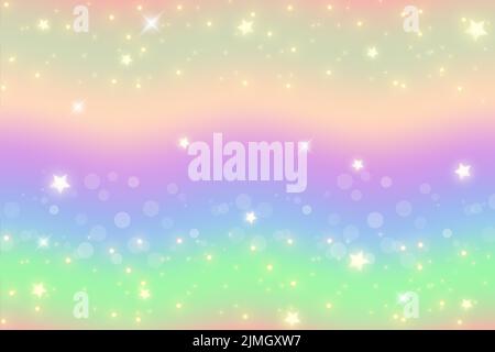 Rainbow unicorn fantasy wavy background with bokeh and stars. Holographic illustration in pastel colors. Bright multicolored sky. Vector. Stock Vector