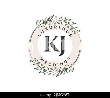 KJ Initials letter Wedding monogram logos template, hand drawn modern minimalistic and floral templates for Invitation cards, Save the Date, elegant Stock Vector