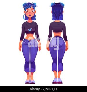 Cartoon young woman standing, front and back view game animation character. Vector illustration of slim girl with blue hair and colorful makeup in cas Stock Vector