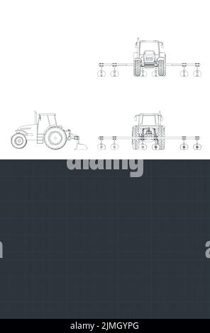 Stylized vector illustration of blueprints of tractor with plowing equipment Stock Vector