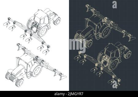 Stylized vector illustration isometric blueprints of tractor with plowing equipment Stock Vector