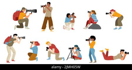 Photographers taking pictures, standing, sitting and lying with cameras in hands, flat vector characters set. Cartoon men women shooting photos at wor Stock Vector