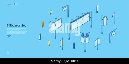 Billboards isometric web banner. Set of street signboards, stalls, booths or stands different constructions for outdoor advertising on blue background Stock Vector