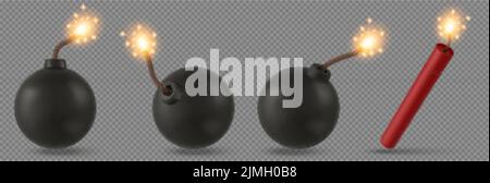 Bombs and dynamite stick with burning fuse. Explosive military tnt weapon or firecrackers with sparkling wick. Black balls, equipment with detonator f Stock Vector