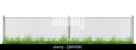 Wire fence with gates on green grass. Metal chain link mesh, barrier isolated on white background. Rabitz, perimeter protection segments separated wit Stock Vector