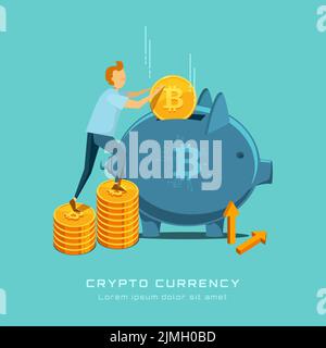 a bitcoin piggy bank into which a guy throws coins while climbing a ladder from stacks of bitcoin coins and arrows Stock Vector