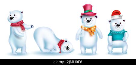 Christmas bear characters vector set. Polar bear 3d character in playful, standing and sitting pose isolated in white background for xmas design. Stock Vector