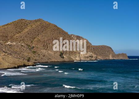 Panoramic view of cliffs and beaches in the Gata Cape Natural Park coast near San José. Almería, Andalucía, Spain. Stock Photo