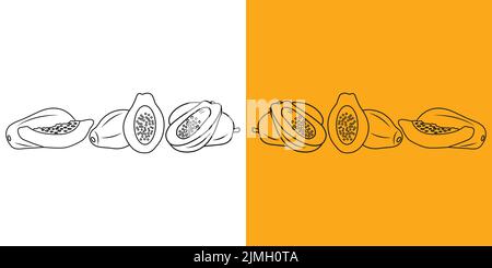 Full and  sliced  segment of papaya vector doodle on isolated background. Stock Vector