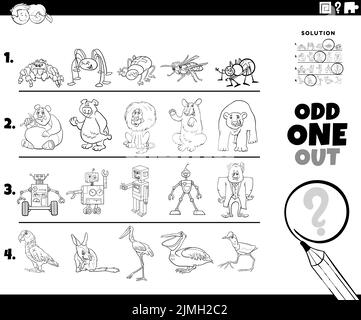 Odd one out game with cartoon characters coloring book page Stock Photo