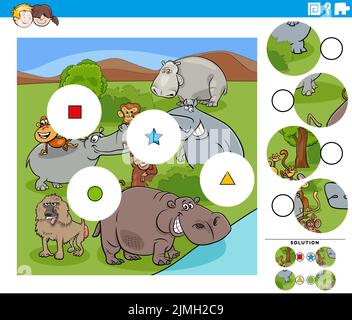 Match pieces task for kids with cartoon animal characters Stock Photo