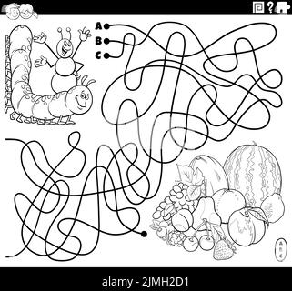 Maze with cartoon caterpillar and ant and fuit coloring book page Stock Photo