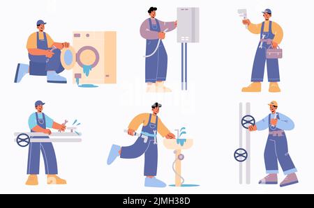 Plumber repairs water pipes, boiler, sink and broken washing machine. Vector flat illustration of plumbing service worker with wrench fix leakage, ins Stock Vector