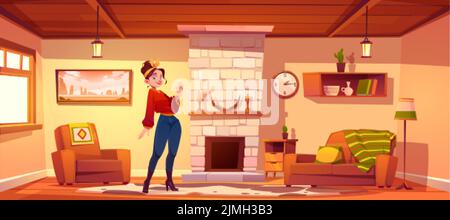 Woman in living room in rustic style with fireplace and vintage furniture. Vector cartoon illustration of cozy house interior with sofa, chair, carpet Stock Vector