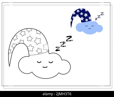 Coloring book for children. Draw a cute cartoon cloud sleeping in the clouds in a sleep cap based on the drawing. Stock Vector