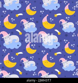 Seamless pattern Cute hippopotamus sleeps on a cloud, the moon in a hat for sleeping on a blue background. Lullaby theme Stock Vector