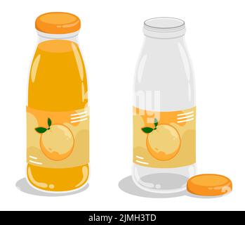 Plastic or glass bottle with orange juice. Full and empty bottle with cap and label. Cartoon vector isolated on white background Stock Vector