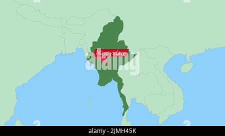 Map of Myanmar with pin of country capital. Myanmar Map with neighboring countries in green color. Stock Vector