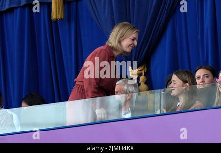 Liz Truss, Secretary of State for Foreign, Commonwealth and Development Affairs of the United Kingdom watching the athletics at Alexander Stadium on day nine of the 2022 Commonwealth Games in Birmingham. Picture date: Saturday August 6, 2022. Stock Photo