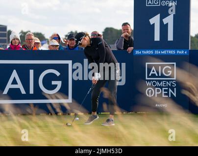 Gullane, Scotland, UK. 6th August 2022. Third round of the AIG Women’s Open golf championship at Muirfield in East Lothian. Pic;  Madelene Sagstrom drives on the 11th hole.  Iain Masterton/Alamy Live News Stock Photo